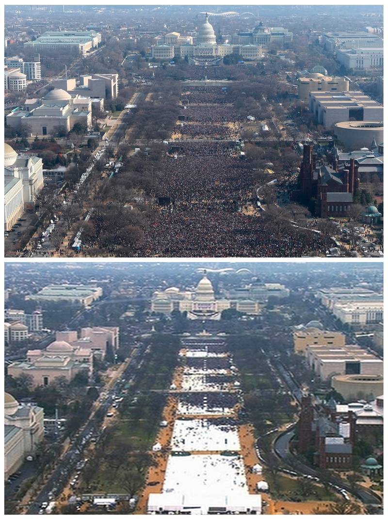 Photos of President Obama’s inauguration in 2009 (top) and President Trump’s inauguration in 2017 (bottom)